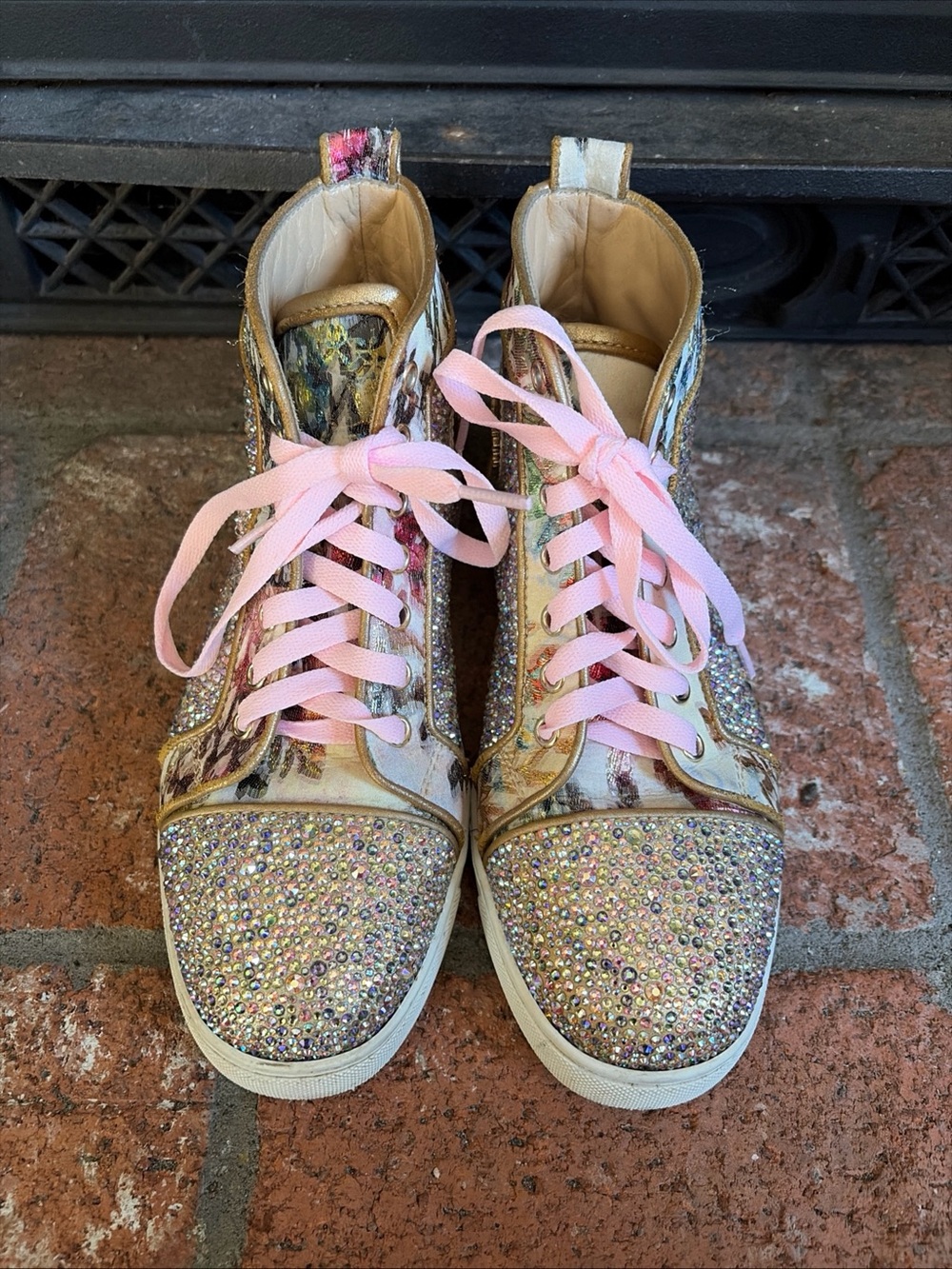 Authentic Christian Louboutin Glitter Floral  High Top Sneakers EU 37.5 US 7.5 - Picture 4 of 11